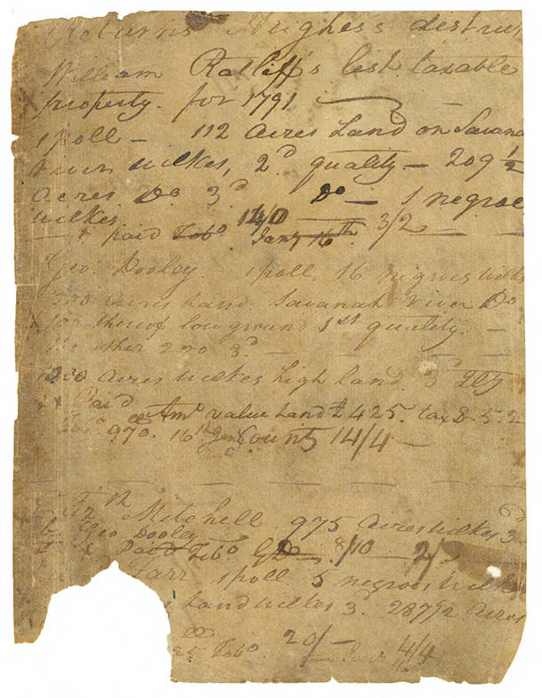 <p>Page from the 1791 Wilkes County tax digest listing names, holdings, and amount paid in taxes.</p>